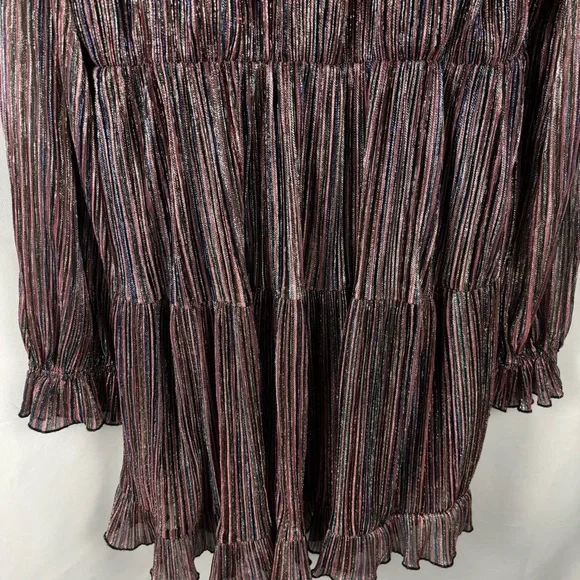 NWT O.P.T Women’s Metallic Striped Ruffle Long Sleeve Smock Neck Party Dress, XL - Picture 14 of 15